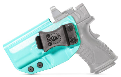 3.8" COMPACT OSP Holster in teal blue with a black clip on a black Springfield XD-M ELITE handgun