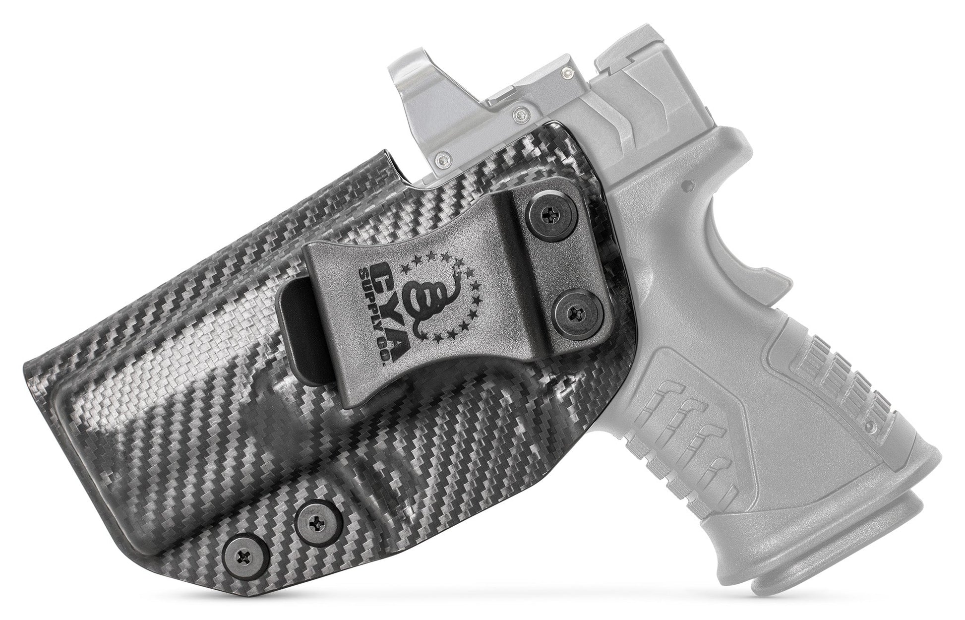 3.8" COMPACT OSP Holster in carbon steel with a black clip on a black Springfield XD-M ELITE handgun