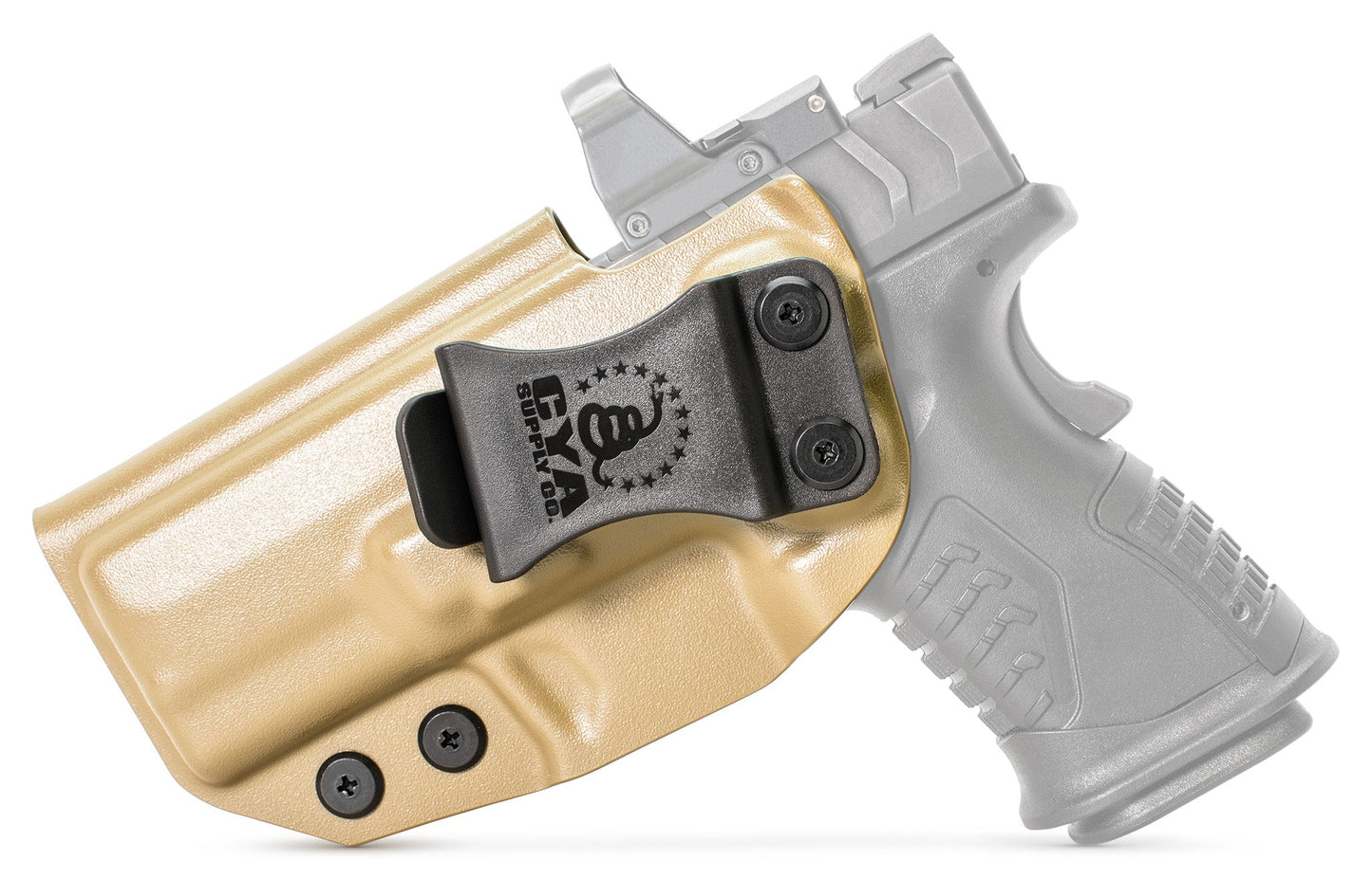 3.8" COMPACT OSP Holster in flat dark earth with a black clip on a black Springfield XD-M ELITE