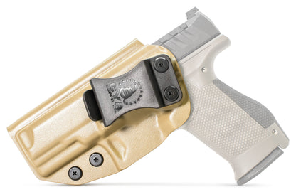 CYA Base IWB Full Size 4" Holster in Flat Dark Earth color on a tan Walther PDP Compact