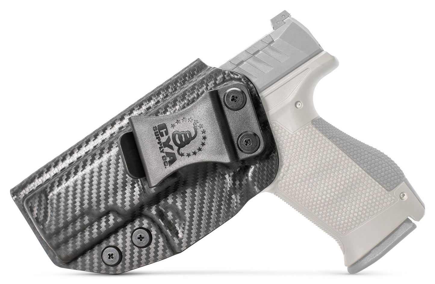 CYA Base IWB Full Size 4" Holster in carbon steel color on a silver Walther PDP Compact