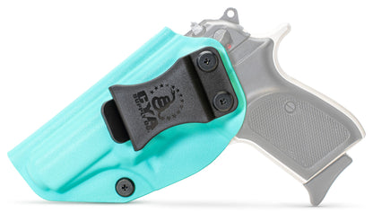 CYA teal blue holster with a black belt clip on a black bersa thunder 380 handgun