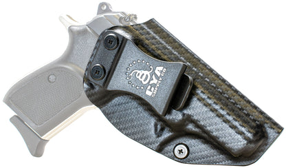 CYA carbon steel holster with a black belt clip on a black bersa thunder 380 handgun