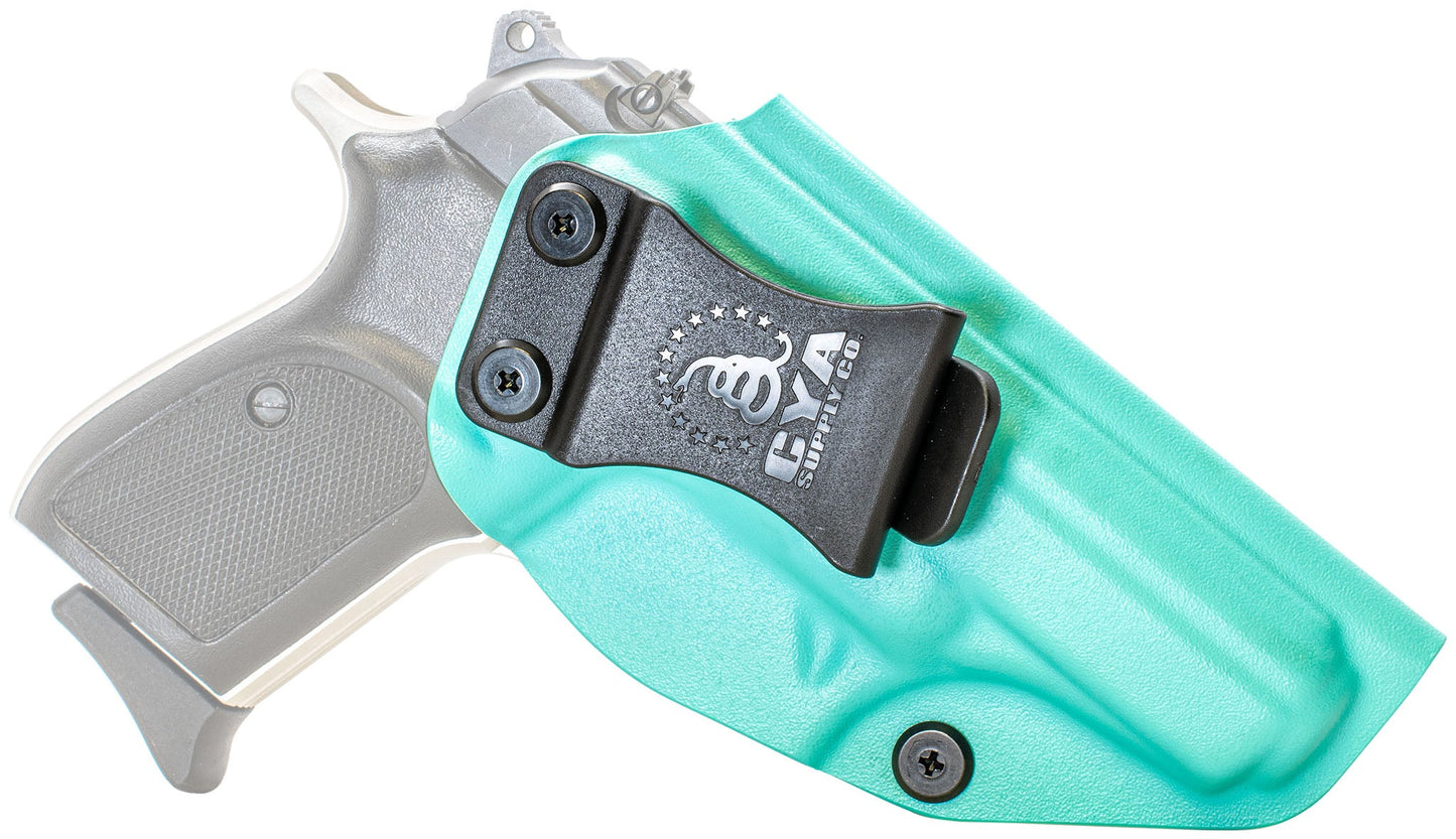 CYA teal blue holster with a black belt clip on a black bersa thunder 380 handgun