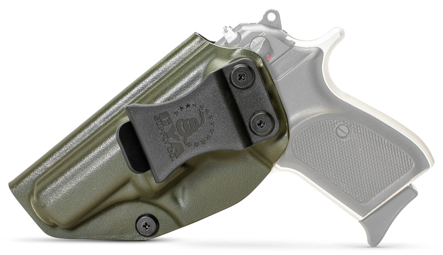 CYA od green holster with a black belt clip on a black bersa thunder 380 handgun