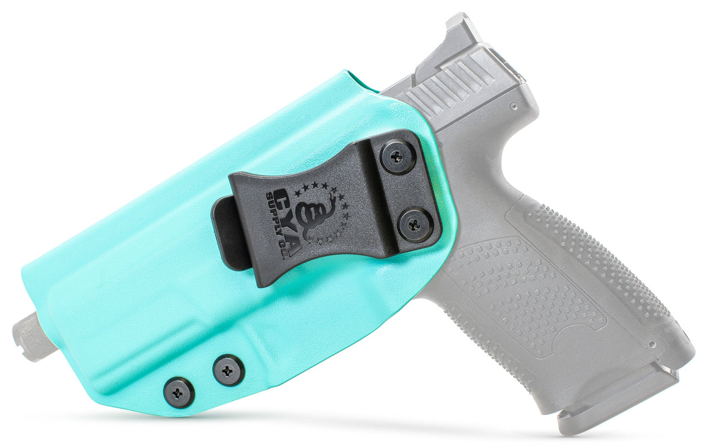 CYA teal blue holster with a black belt clip on a black cz p-10 c handgun