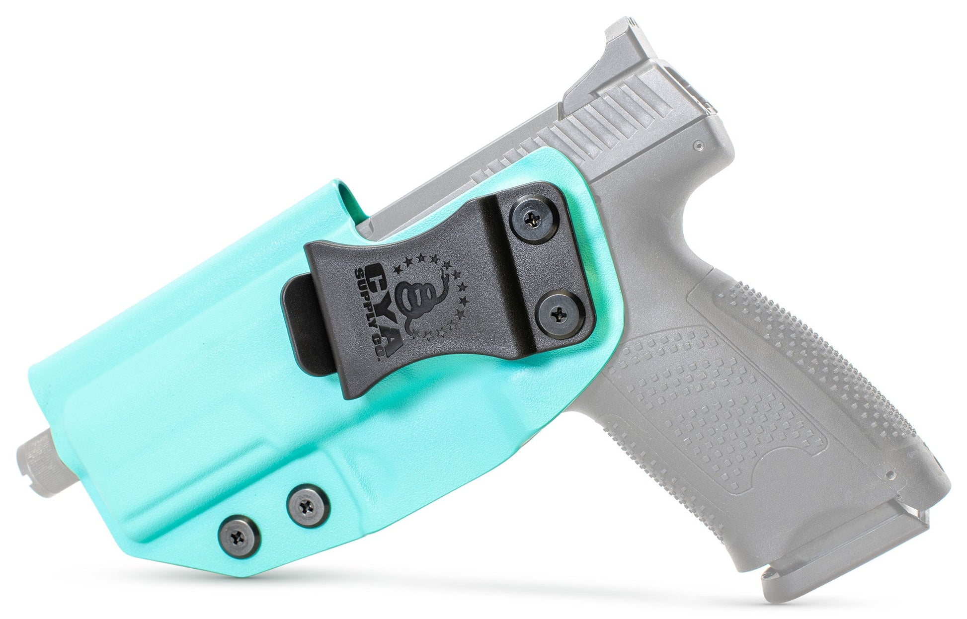 CYA teal blue Base IWB holster with a black belt clip on a black cz p 10 c handgun