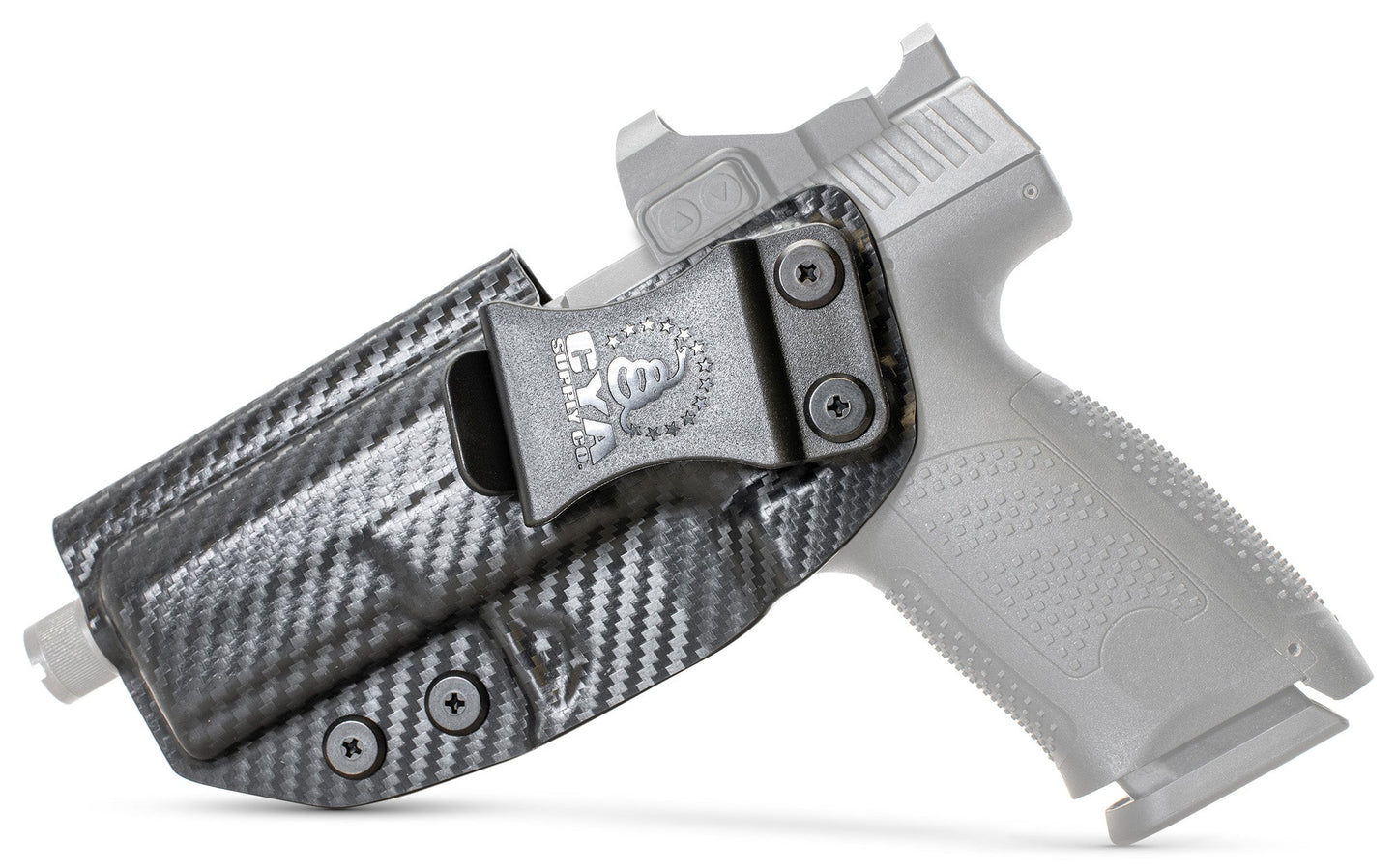 CYA carbon steel Base IWB holster with a black belt clip on a black CZ P-10 C handgun