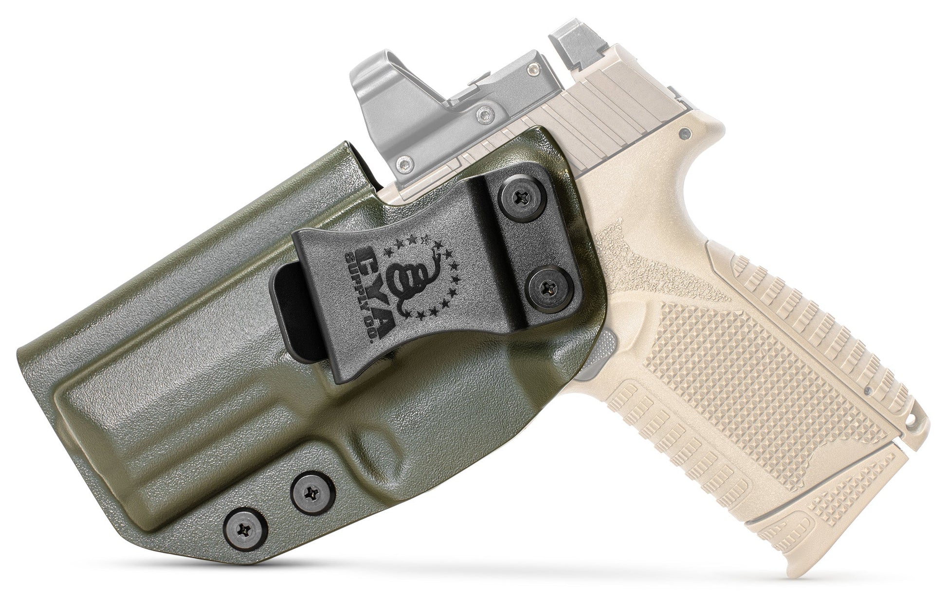 CYA od green holster with a black belt clip on a tan fn 509 midsize handgun