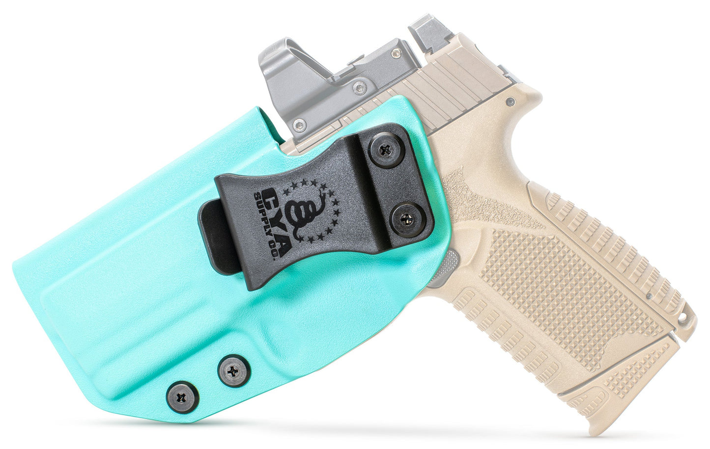 CYA teal blue midsize base iwb holster with a black belt clip on a tan fn 509 midsize handgun