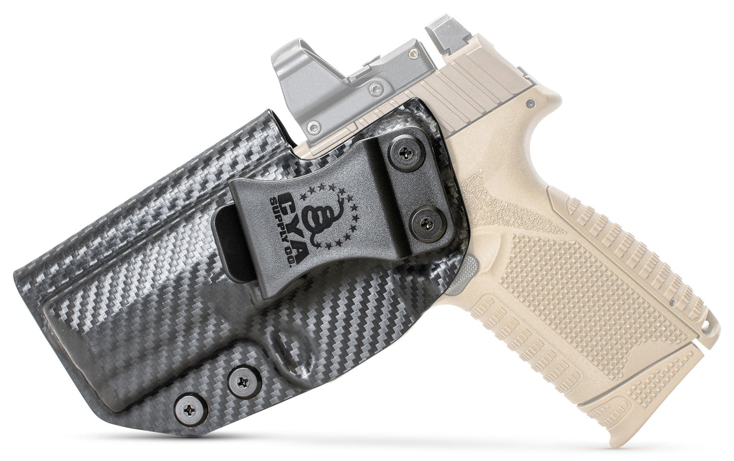 CYA carbon steel midsize base iwb holster with a black belt clip on a tan fn 509 midsize handgun