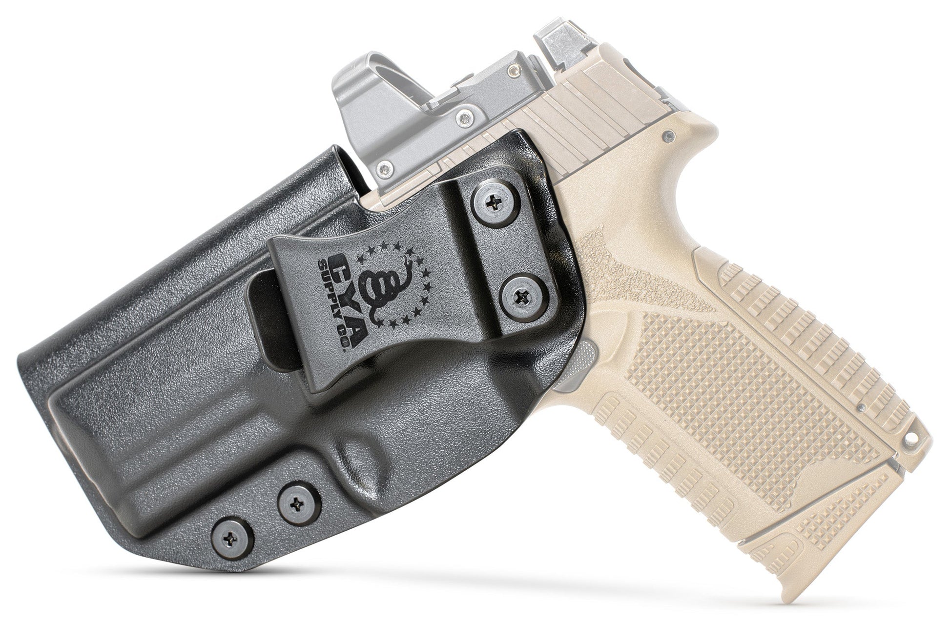 CYA black midsize base iwb holster with a black belt clip on a tan fn 509 handgun