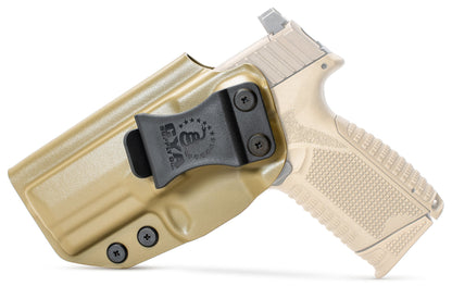 CYA dark earth base iwb holster with a black belt clip on a tan fn 509 midsize handgun