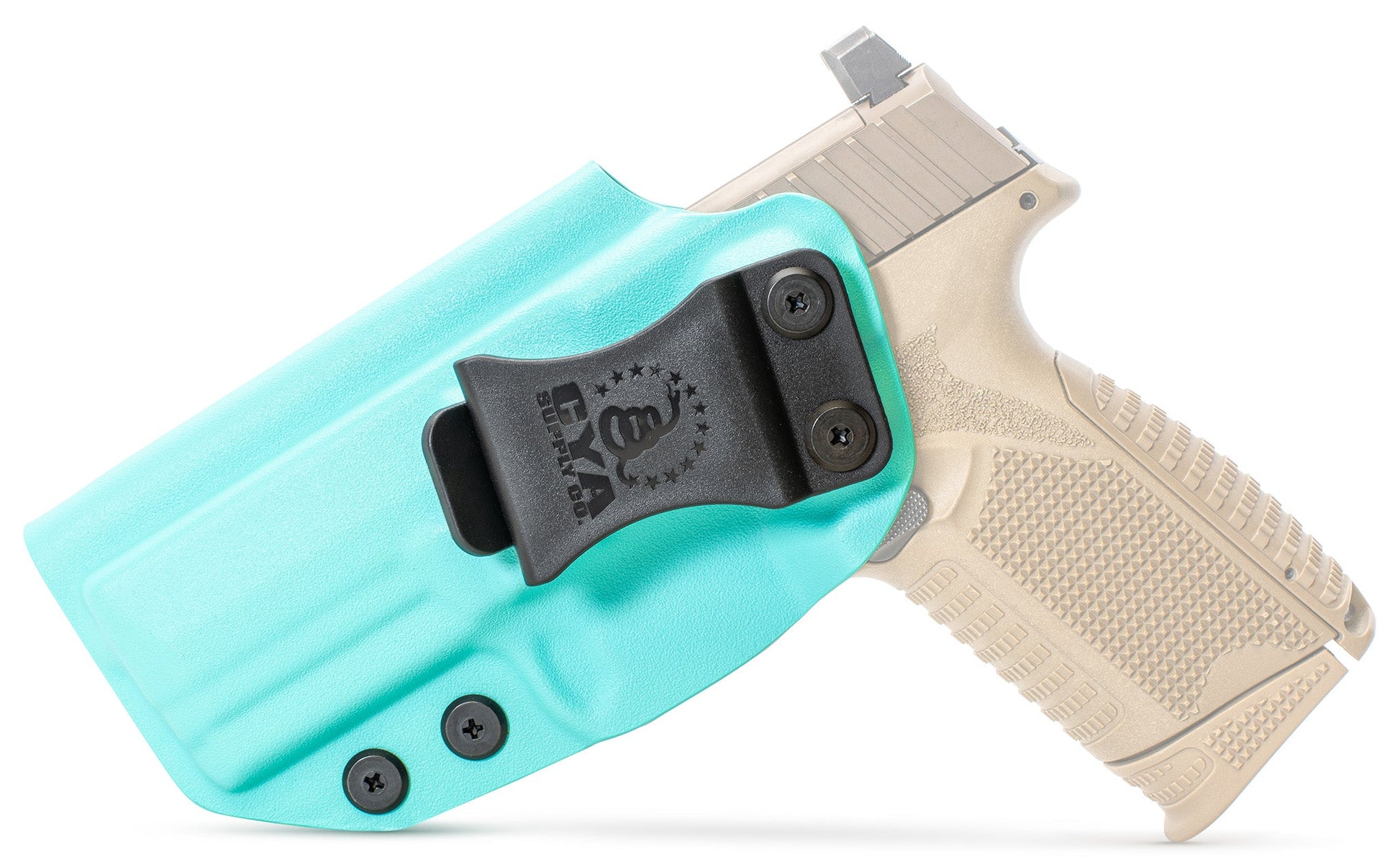 CYA teal blue Base IWB holster with a black belt clip on a tan fn 509 midsize handgun