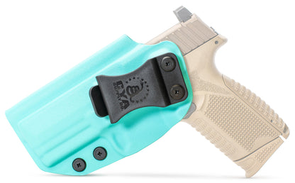 CYA teal blue Base IWB holster with a black belt clip on a tan fn 509 midsize handgun