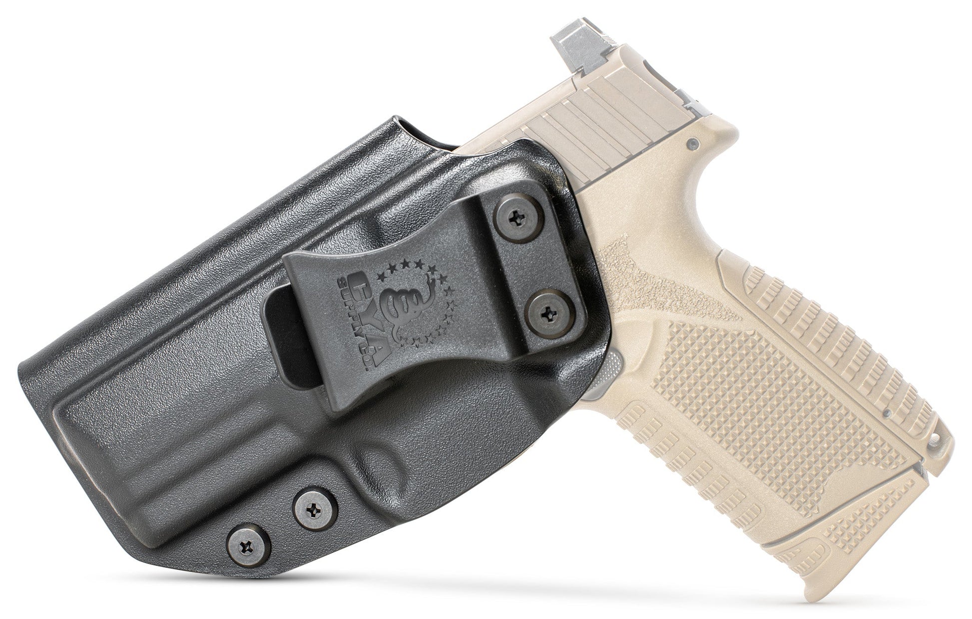 CYA black holster with a black belt clip on a tan fn 509 midsize handgun