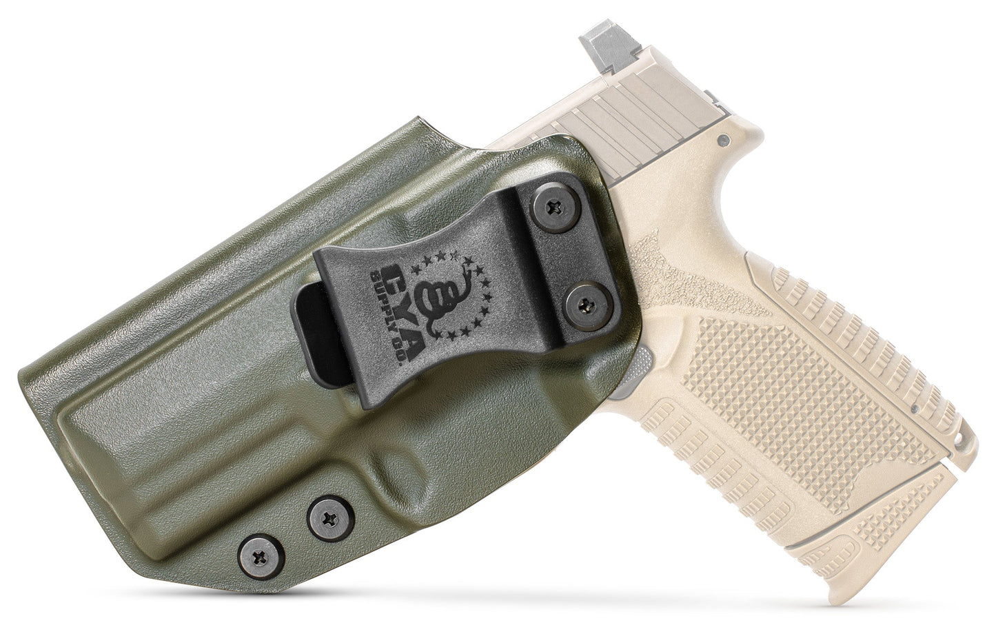 CYA od green Base IWB holster with a black belt clip on a tan fn 509 midsize handgun