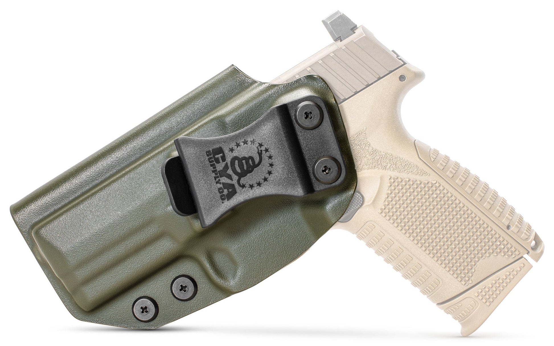 CYA od green Base IWB holster with a black belt clip on a tan fn 509 midsize handgun