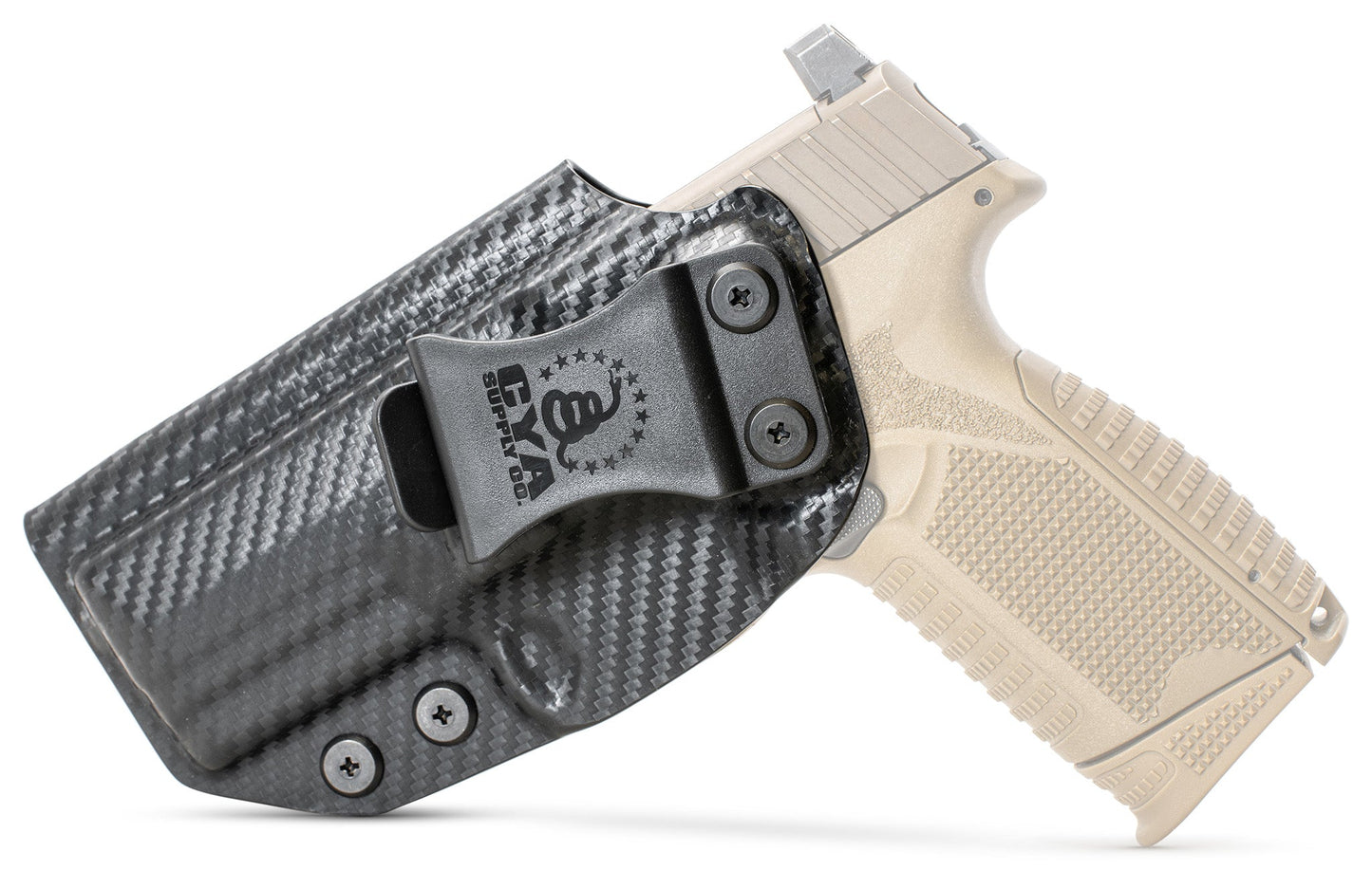 CYA carbon steel Base IWB holster with a black belt clip on a tan fn 509 midsize handgun