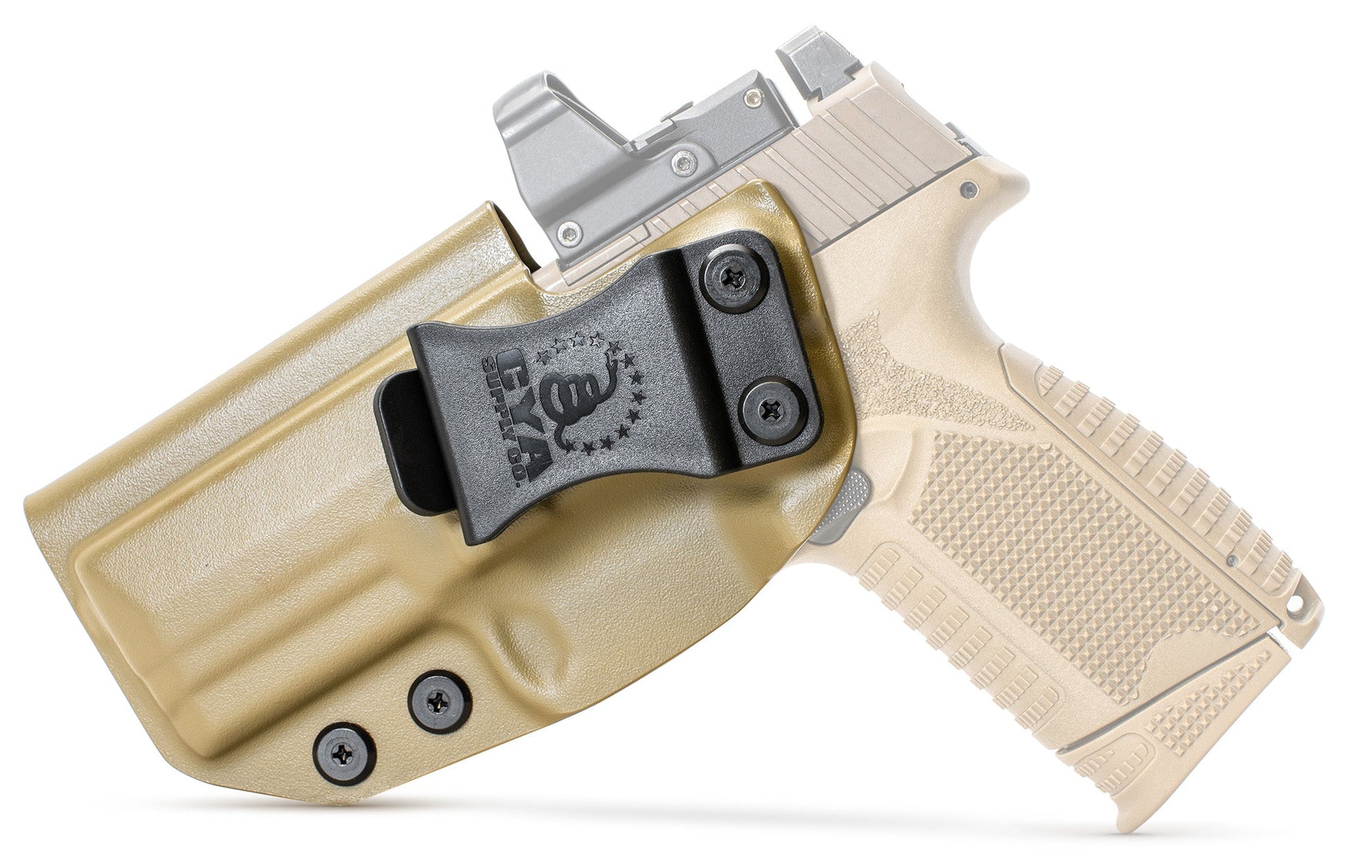 CYA flat dark earth midsize base iwb holster with a black belt clip on a tan fn 509 handgun