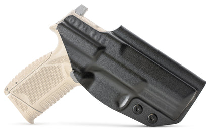 CYA black holster on a tan fn 509 midsize handgun