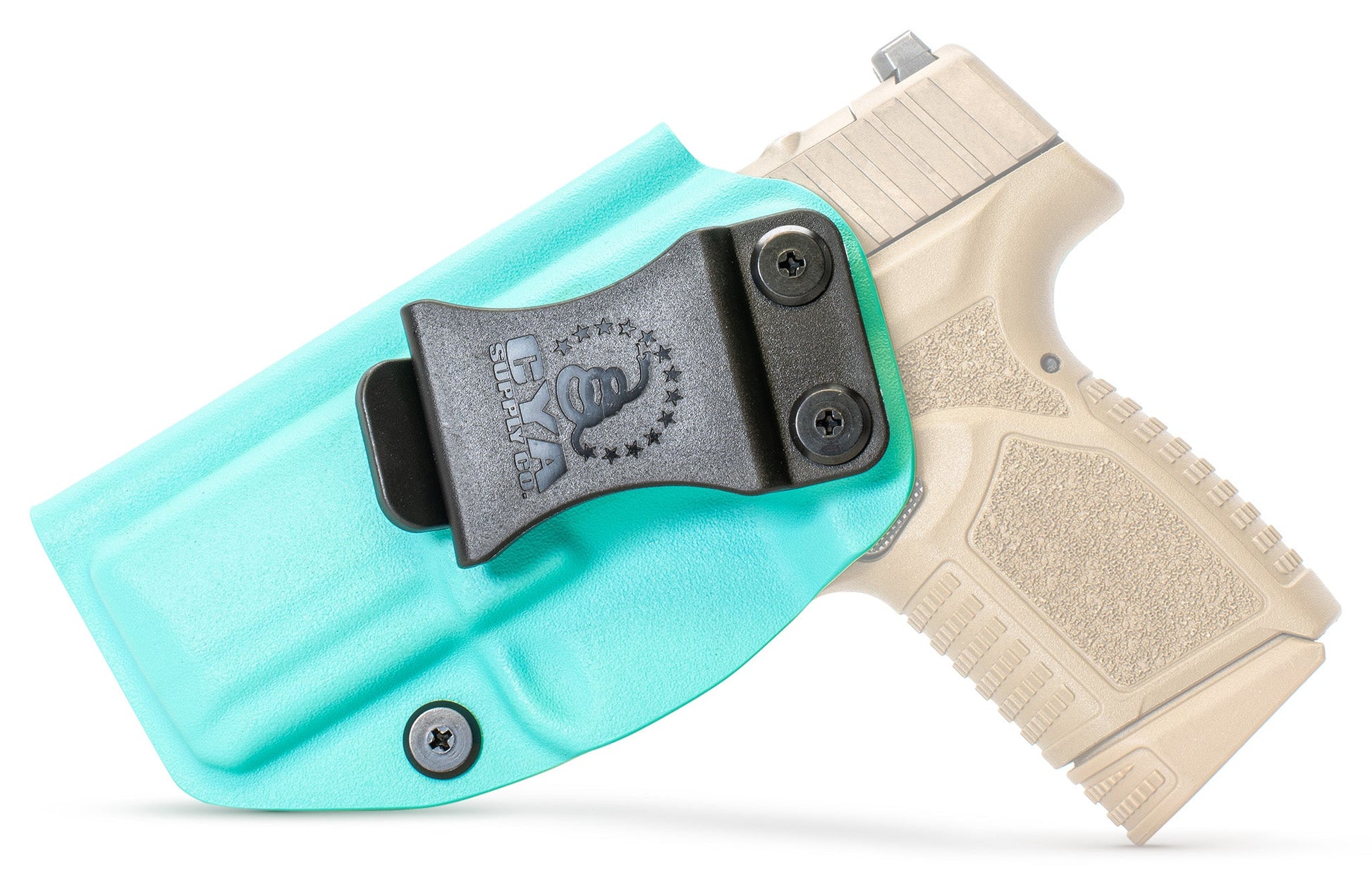 CYA teal blue Base IWB holster with a black belt clip on a tan fn reflex handgun