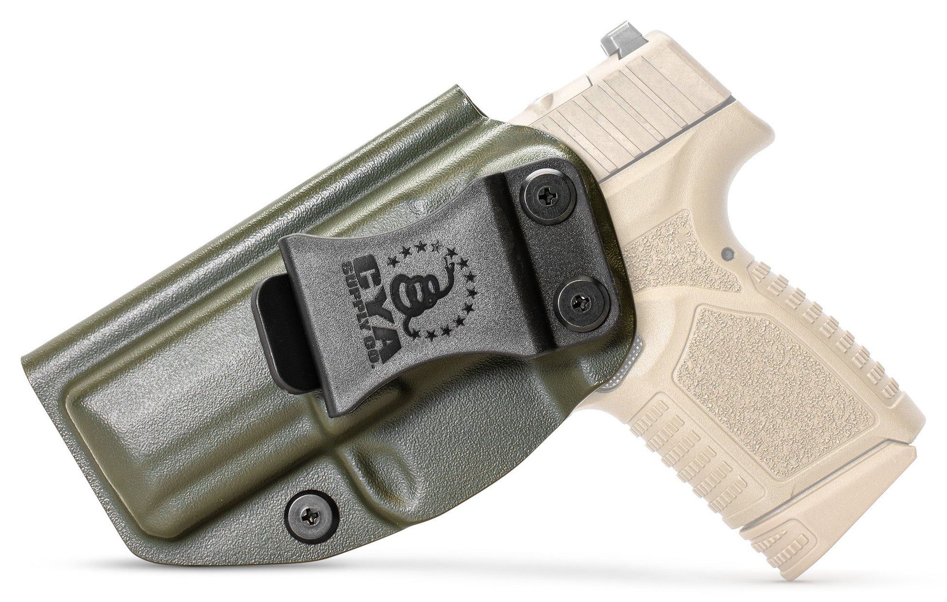 CYA od green Base IWB holster with a black belt clip on a tan fn reflex handgun