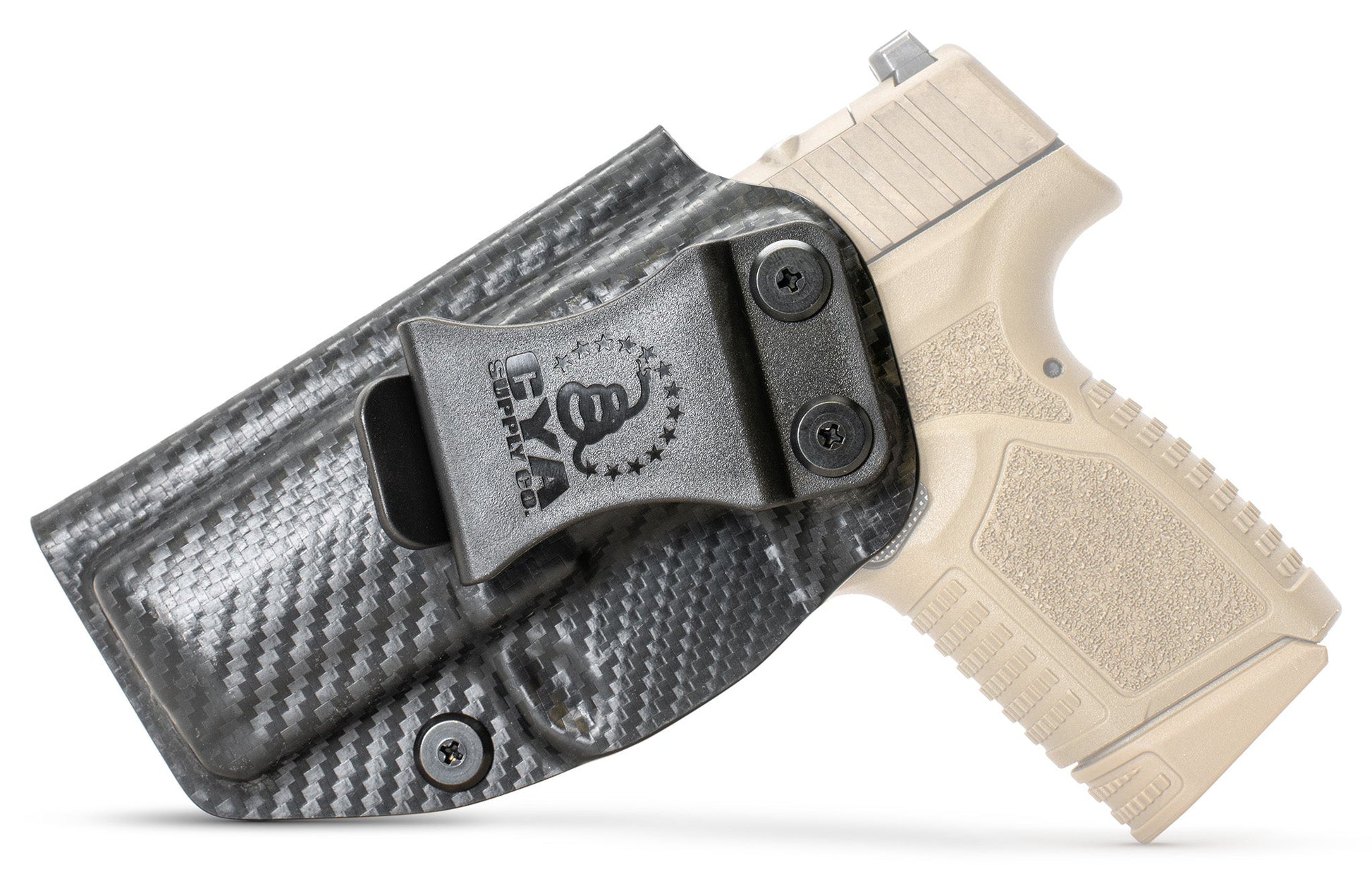 CYA carbon steel Base IWB holster with a black belt clip on a tan fn reflex handgun