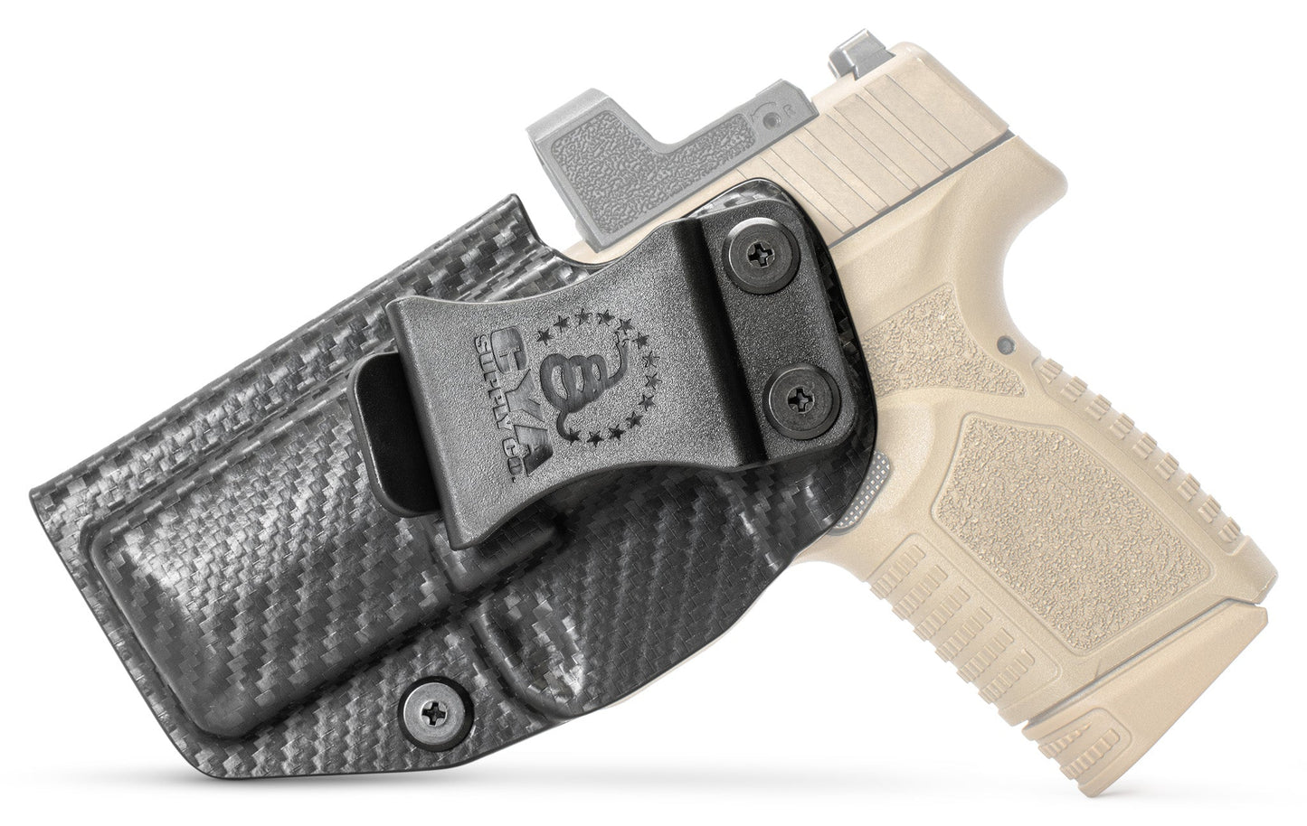 CYA carbon steel Base IWB holster with a black belt clip on a tan fn reflex handgun