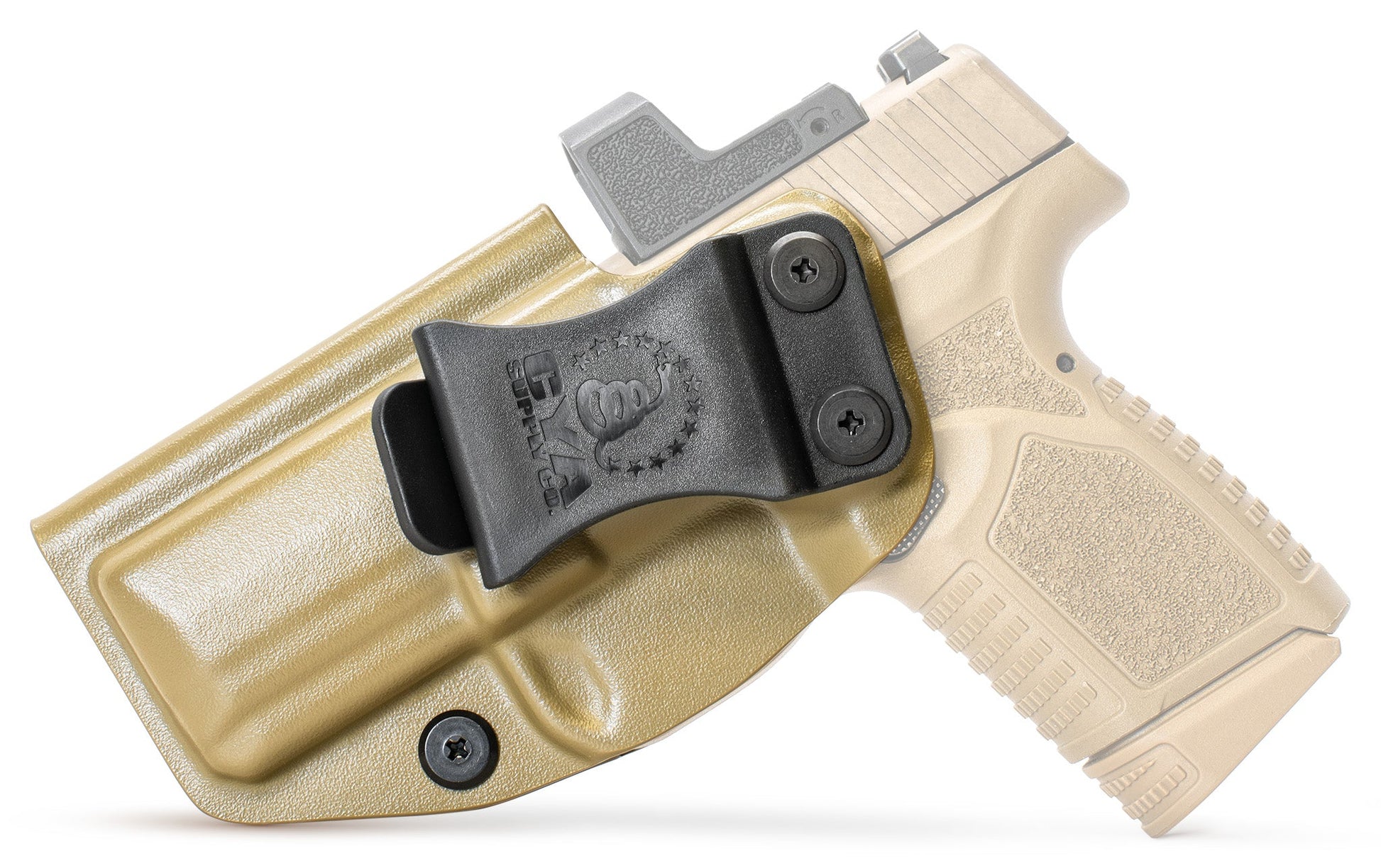 CYA flat dark earth Base IWB holster with a black belt clip on a tan fn reflex handgun