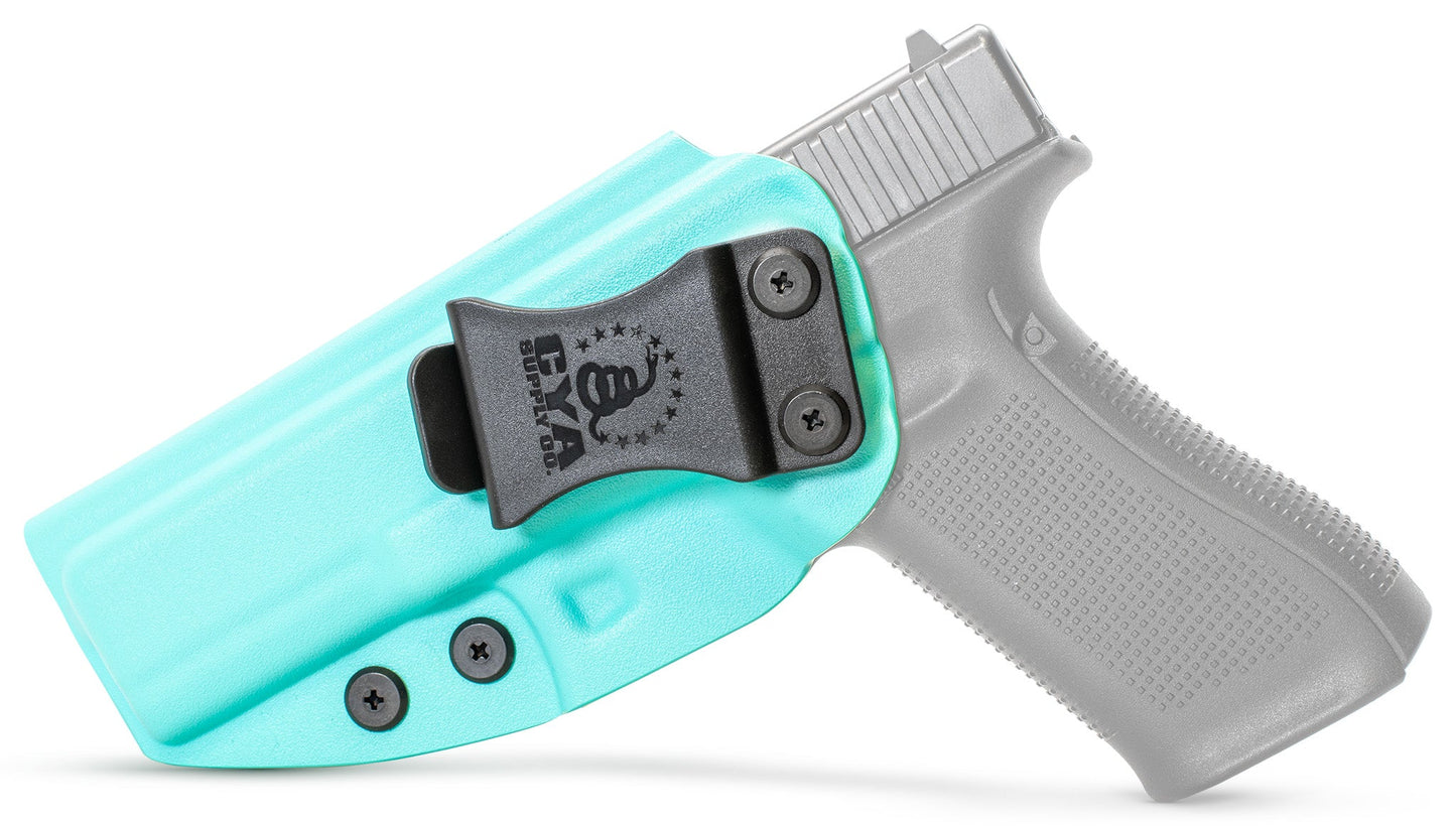 CYA teal blue Base IWB holster with a black belt clip on a black glock 17 handgun