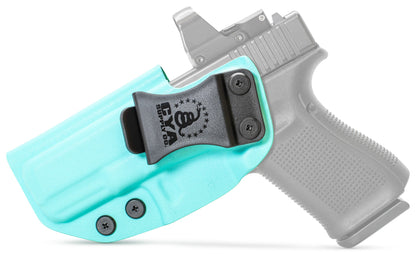 CYA teal blue Base IWB holster with a black clip on a black glock 23 gen5 handgun