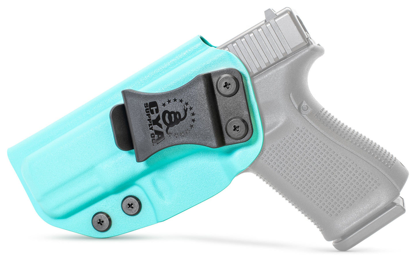 CYA teal blue Base IWB holster with a black clip on a black glock 23 gen5 handgun