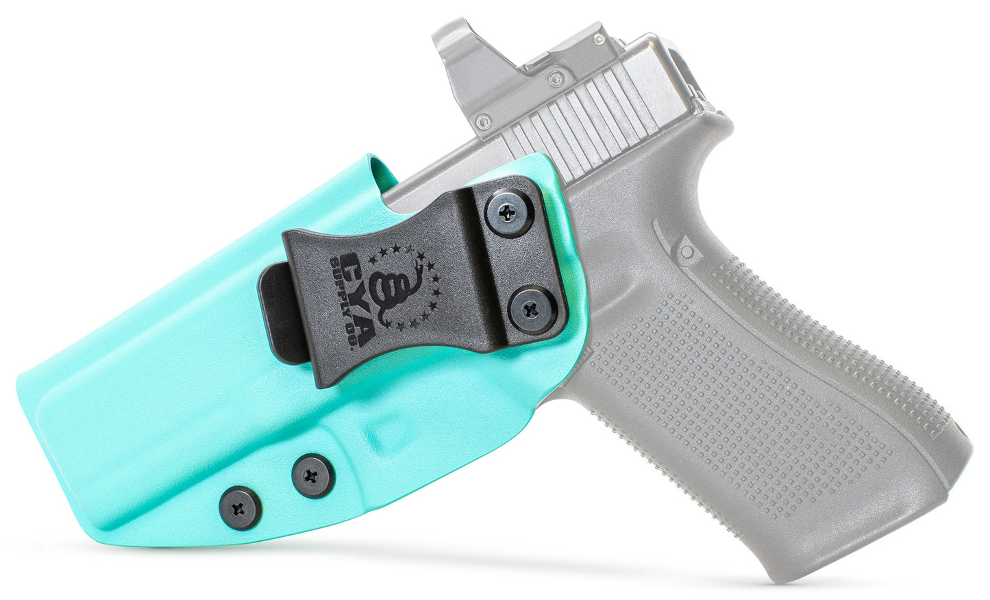 CYA teal blue Base IWB holster with a black belt clip on a black glock 31 gen 3-4 handgun